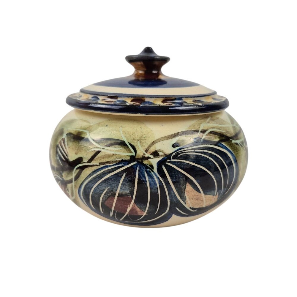 Alcea Ceramic Fait Main France Covered Bowl Hand Painted Earthenware Blue Green